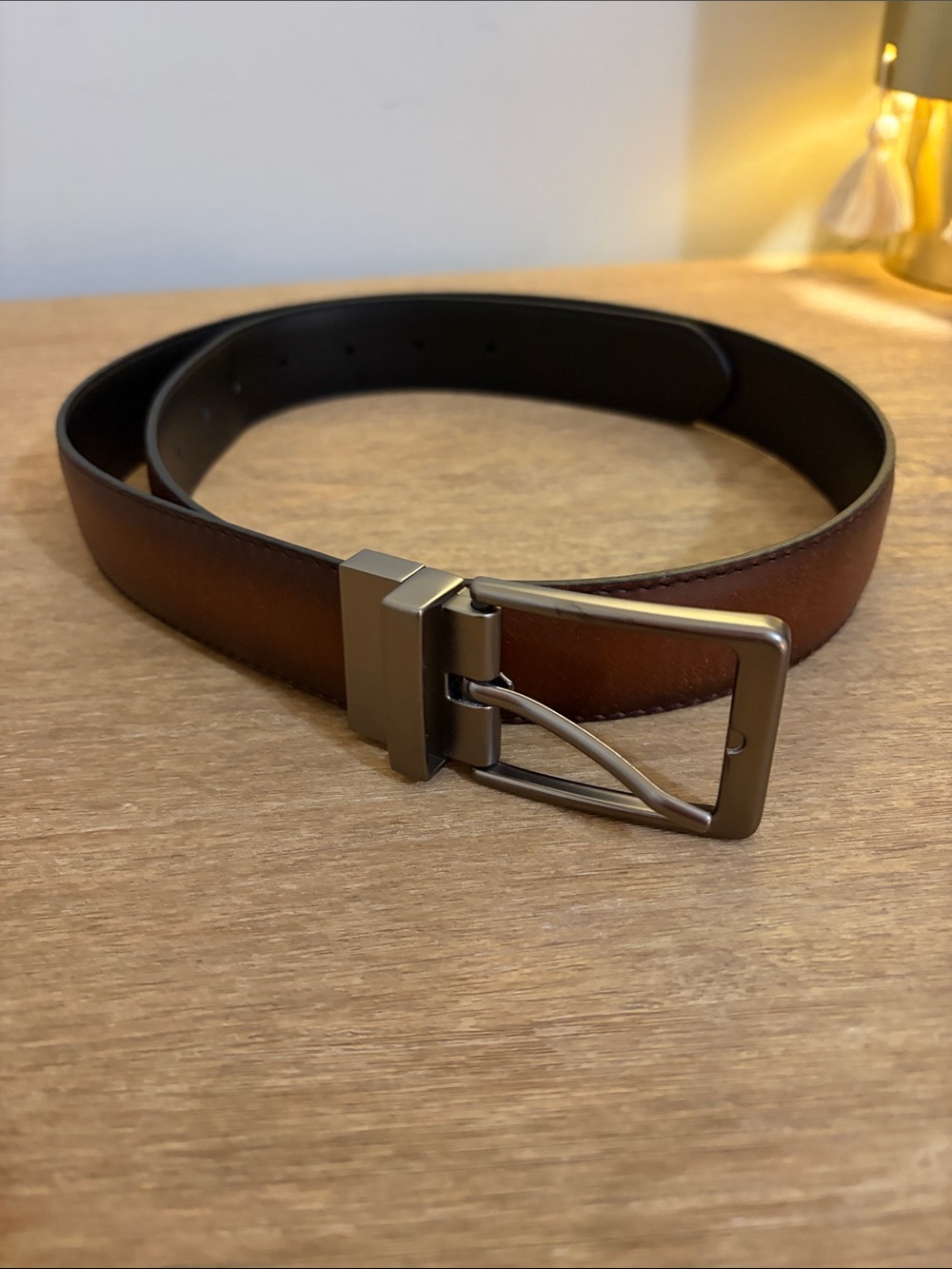 Men's Brown Faux Leather Dress Belt with Gunmetal Buckle